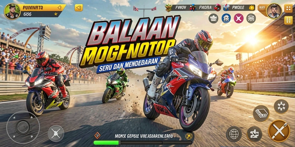 Gameplay seru FW66 dengan balapan motor yang mendebarkan.