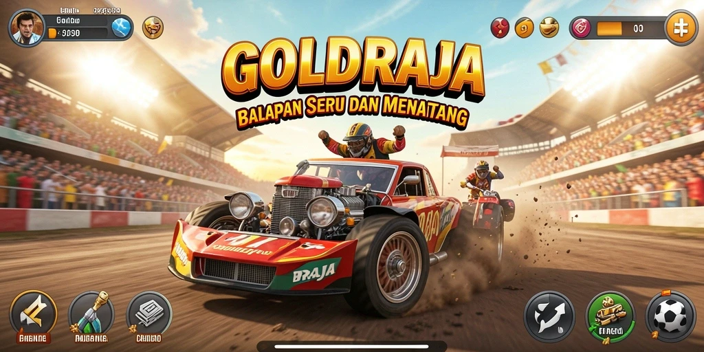 Screenshot gameplay GOLDRAJA menampilkan balapan mendebarkan di trek yang menantang.