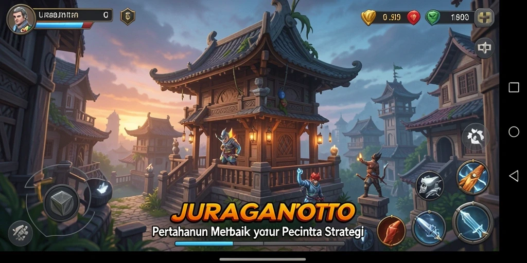 Screenshot gameplay JURAGANTOTO menampilkan menara menghadapi gelombang musuh.