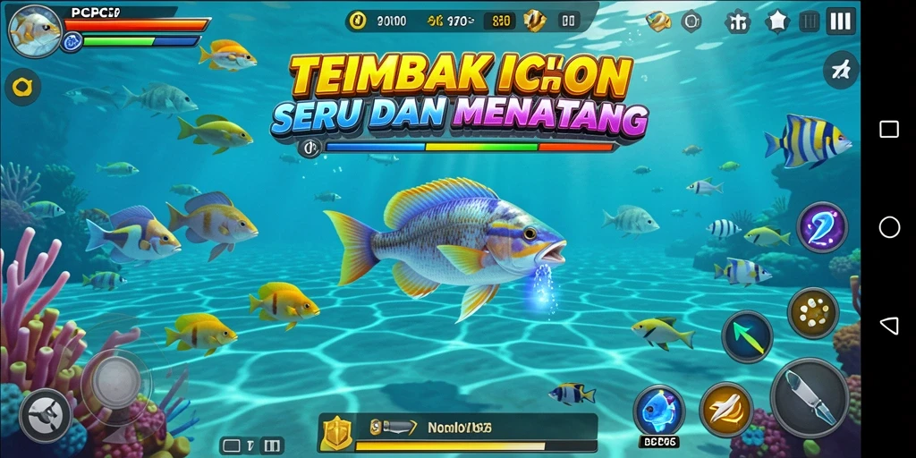 Screenshot gameplay PCPC7 yang menampilkan aksi menembak ikan.