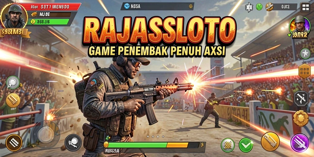 Gameplay mendebarkan RAJASLOTO dengan senjata dan pertempuran seru.