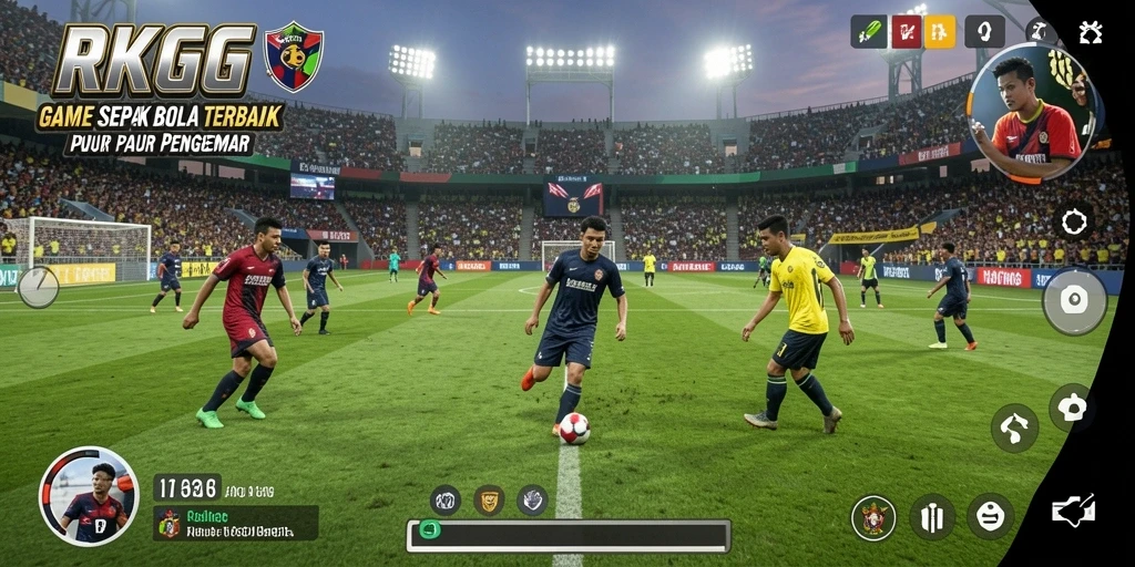 Screenshot utama RKGG menampilkan adegan seru pertandingan sepak bola.