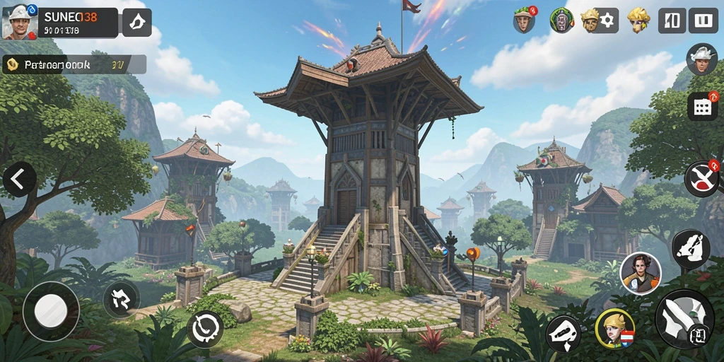 Tampilan gameplay SUNEO138 dengan menara pertahanan yang beraksi.