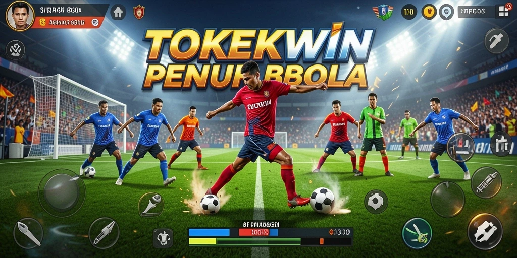 Screenshot gameplay menampilkan aksi seru di lapangan sepak bola.